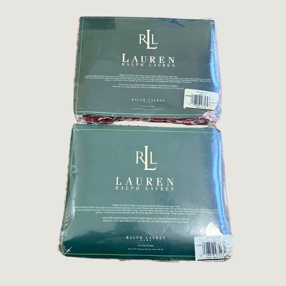 Lauren Ralph Lauren Marseilles Ruffled Floral Red Twin Flat & Fitted Sheet Set - Picture 2 of 6